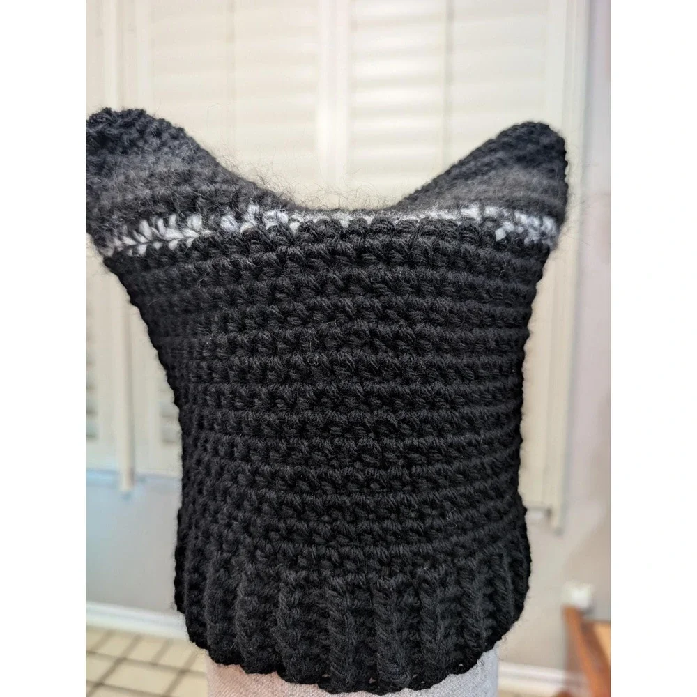 Handmade Crochet Knit Cat Ear Beanie Hat Cottage Y2K Goth Emo Punk Whimsigoth